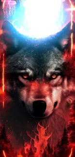 Fierce wolf surrounded by a fiery red forest in mobile wallpaper.