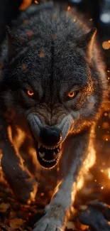 A fierce wolf surrounded by flames, showcasing its intensity.