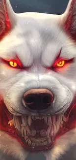 Fierce wolf with fiery red eyes in dramatic lighting, intense mobile wallpaper.