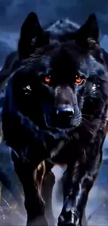 Fierce wolf with glowing eyes in a moonlit forest.