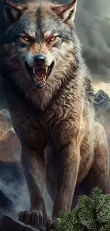 Fierce wolf stands above a picturesque mountain backdrop.