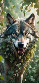 Fierce wolf peering through lush greenery.