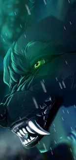 Fierce wolf with green eyes in a dark jungle setting mobile wallpaper.