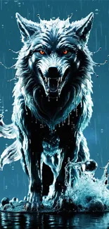 Fierce white wolf with red eyes in rain.