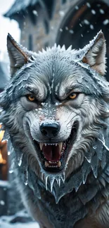 Fierce wolf with icy fur in a medieval winter setting.