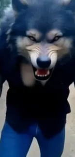 Person wearing a fierce wolf mask for a dramatic look.