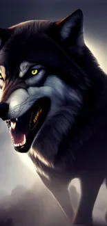 Fierce wolf in dramatic lighting wallpaper.