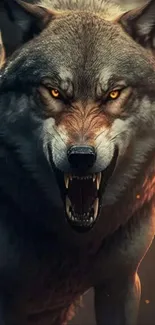 Fierce gray wolf baring its teeth in dramatic mobile wallpaper.