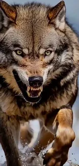 Fierce wolf running in the wild with intense expression.