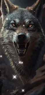 Fierce gray wolf emerging from shadows in a dramatic mobile wallpaper.