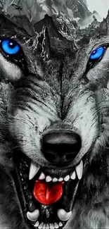 Fierce wolf with blue eyes and mountain backdrop.