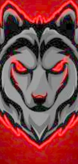 Neon-accented wolf face on red background wallpaper.