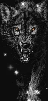 Fierce wolf with glowing eyes on a dark, starry background. Perfect for phone wallpaper.