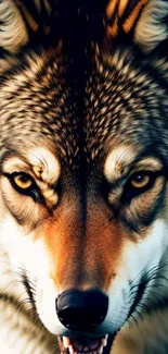 Close-up of a fierce wolf face on a mobile wallpaper.