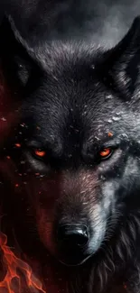 Dark wolf with fiery eyes, captivating phone wallpaper.