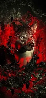 Fierce wolf with a red glow, set against a dark background, captivating wallpaper.