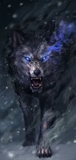 Fierce wolf with glowing blue eyes in snowy scene wallpaper.