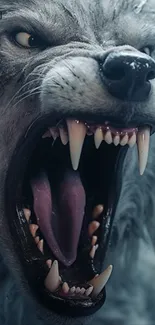 Fierce wolf with bared teeth in a stunning mobile wallpaper.