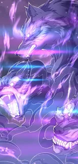 Three mystical wolves in purple flames on dark background.