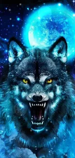 Fierce wolf snarling under a glowing blue moon.