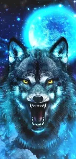 Fierce wolf under a glowing blue moon in nighttime artwork.