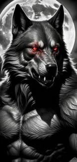 A fierce wolf with red eyes under a full moon.