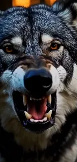 Fierce wolf showing its teeth closely.