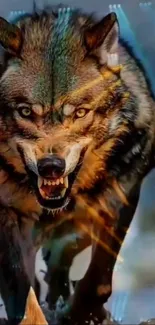Fierce wolf with piercing eyes in artistic mobile wallpaper.