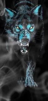 Fierce blue wolf in dramatic smoke design wallpaper.