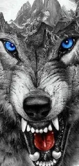 Fierce wolf with blue eyes in a monochrome mountain setting.