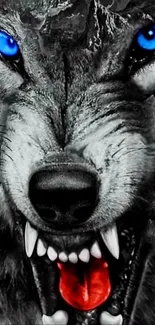 Fierce wolf with blue eyes and red mouth.