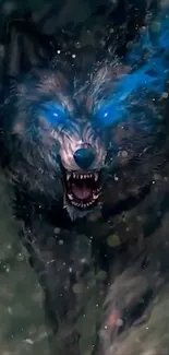 Wallpaper of a fierce wolf with glowing blue flames.