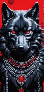 Fierce black wolf with red eyes and chains on a red background wallpaper.