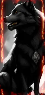 Mobile wallpaper of a fierce black wolf with fiery accents.