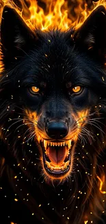 Fierce black wolf with fiery aura and glowing eyes.