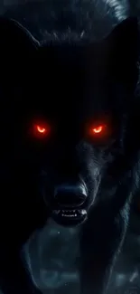 Fierce black wolf with glowing red eyes in the dark.