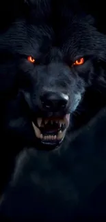 Dark wolf with glowing red eyes on mobile wallpaper.