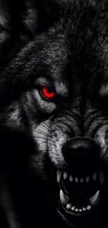 Dark fierce wolf with glowing red eyes.
