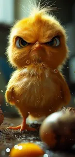 Cute angry chick surrounded by eggs.