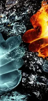 Dynamic clash of fire and ice on a black background.