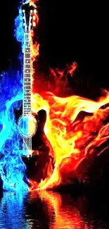Guitar with fiery red and blue flames in a vibrant wallpaper.