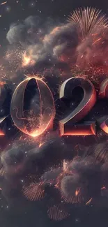 Fiery 2023 design with festive fireworks backdrop.