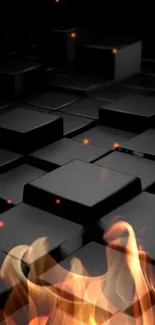 3D black cubes with vibrant orange flames wallpaper.