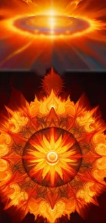 Fiery orange abstract mandala wallpaper for mobile devices.