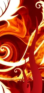 Fiery abstract wallpaper with swirling red and orange flame patterns.