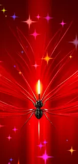 Bold abstract spider with red wings on a vibrant fiery background.