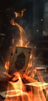 Burning Ace of Clubs card with flames on a wooden surface.