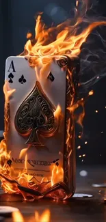 Ace of Spades card engulfed in flames for a dynamic wallpaper design.