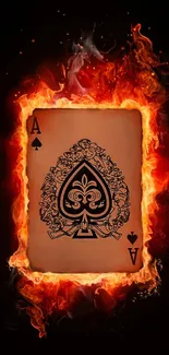 Flaming Ace of Spades on black background, exudes fiery elegance.