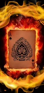 Fiery Ace of Spades card surrounded by flames.